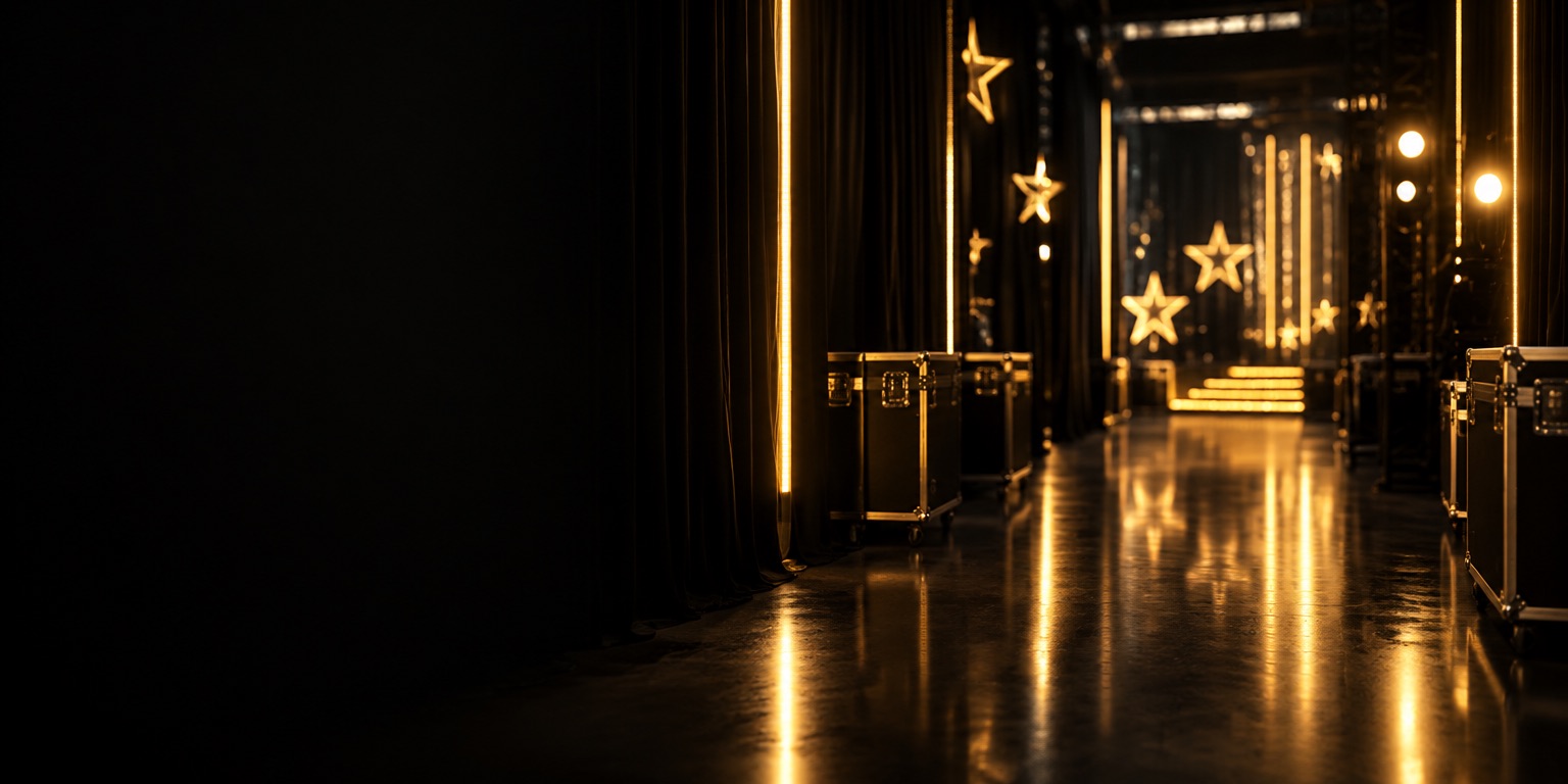 Pasillo de backstage con estrellas doradas iluminadas