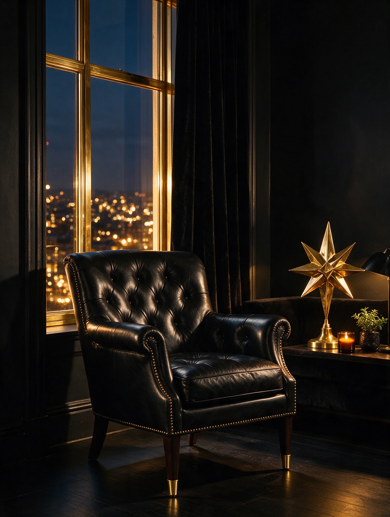 Sillón de cuero negro junto a una ventana con una estrella dorada