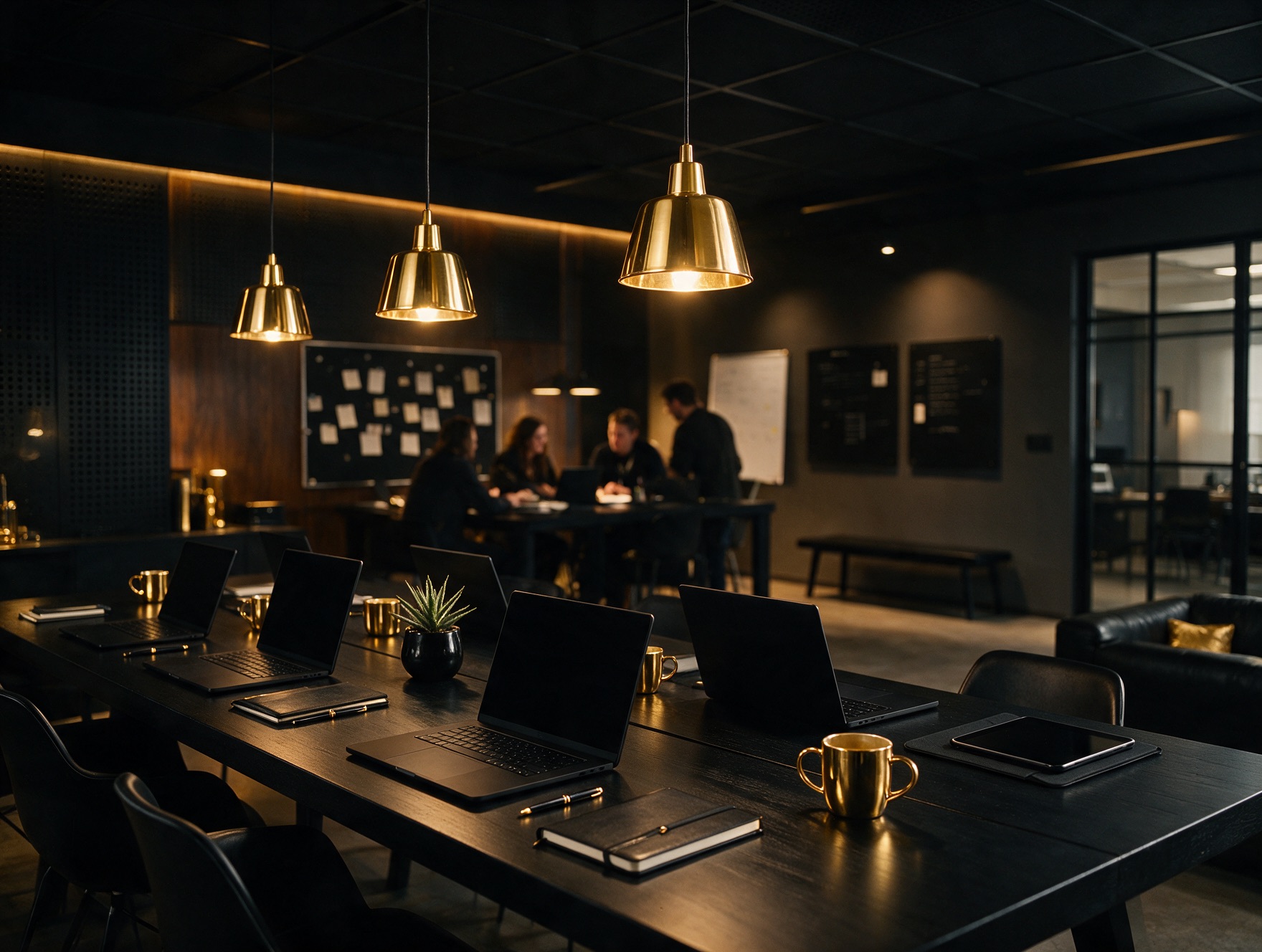 Estudio creativo oscuro con equipo trabajando bajo luces doradas